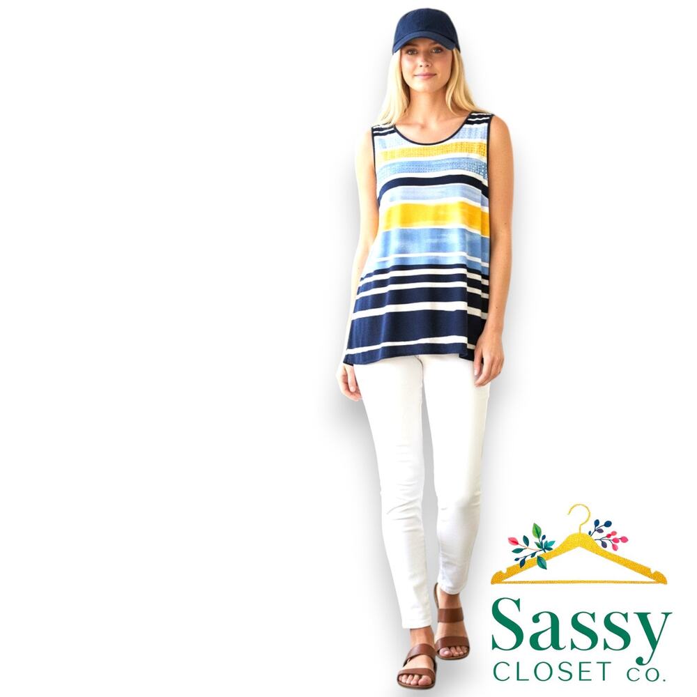 ✨ Ruby Rd Sequin Striped Tank Top L EUC Split Back Sleeveless Navy Yellow 💙